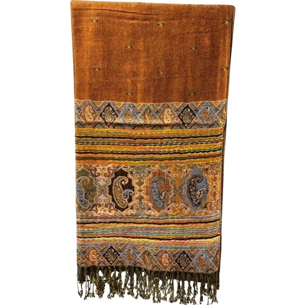 New Autumn Orange Green Double-Sides Paisley Pashmina Shawl/ Scarf - Picture 7 of 8